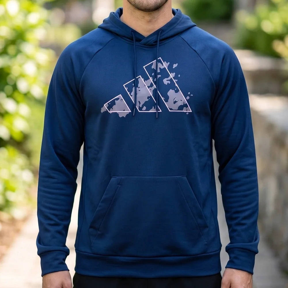 Adidas Mens Navy Blue Camo Logo Pullover Hoodie Activewear Regular Fit NEW